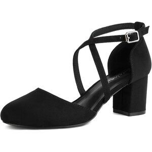Women's Black Pu Synthetic Round Toe Cross Strap Low Block Heeled Dress Pumps